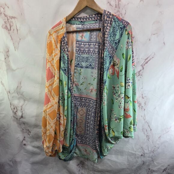 Anthropologie Sweaters - Anthropologie Kimono Womens Green Orange Topper Wrap Cardigan Rayon One Size